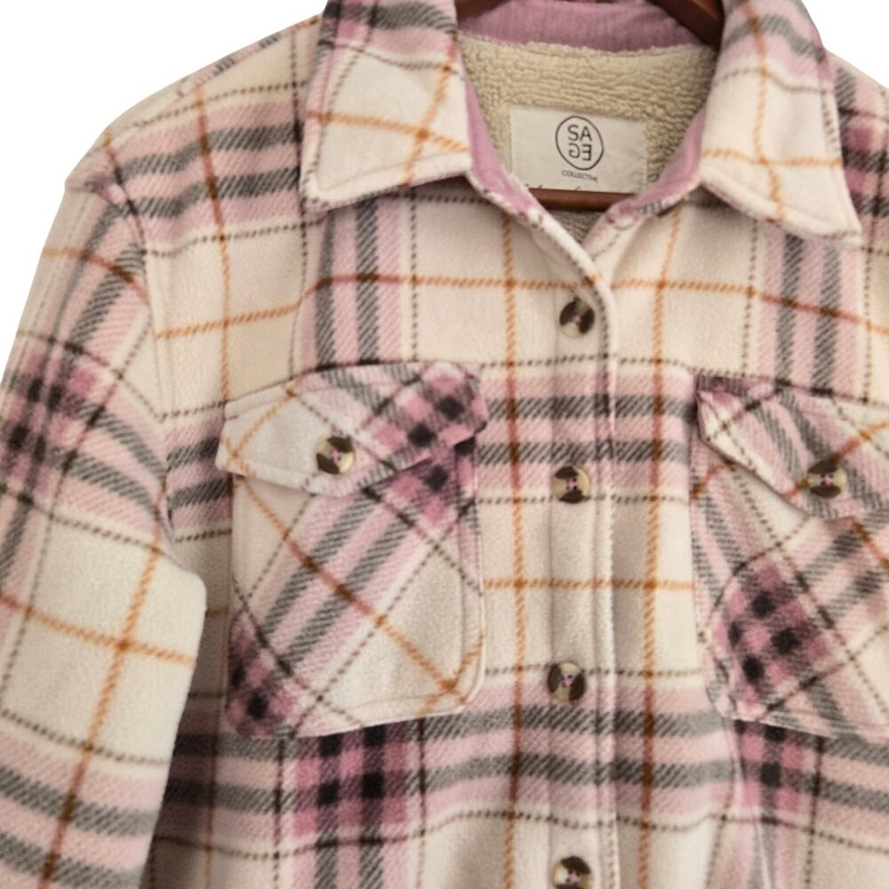 Cabincore/Gorpcore Pink & Cream Plaid Plush‑Lined Shacket Size Medium - Picture 5 of 8
